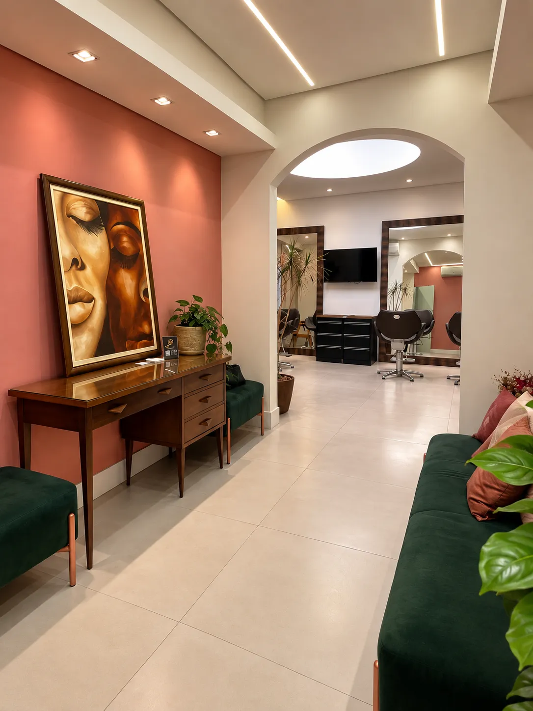 Interior do salão, com quadro na parede rosa, área de espera e passagem para as cadeiras e espelhos ao fundo